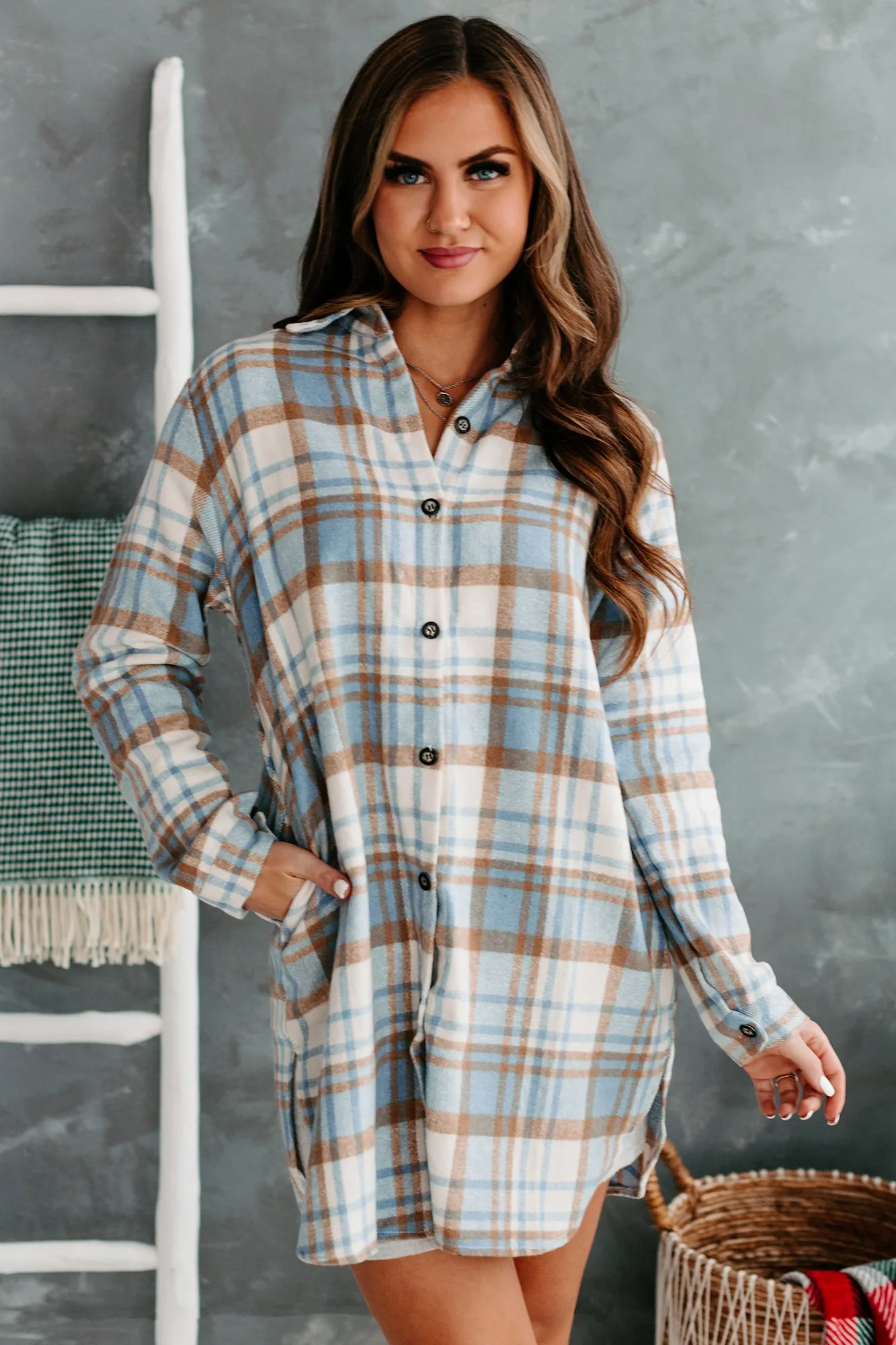 Perfect Setup Lightweight Plaid Shacket (Blue)