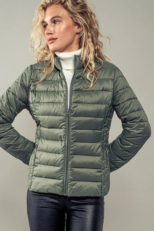 RELAXED FIT ZIP UP PUFF JACKET - BLACK OR EVERGREEN