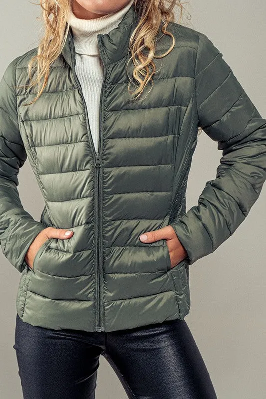 RELAXED FIT ZIP UP PUFF JACKET - BLACK OR EVERGREEN