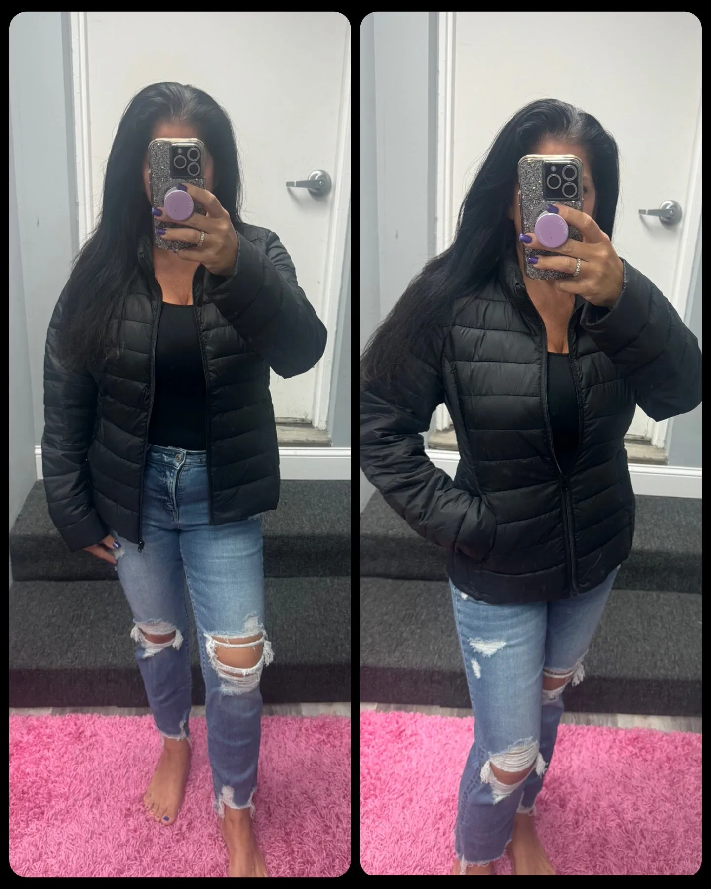 RELAXED FIT ZIP UP PUFF JACKET - BLACK OR EVERGREEN