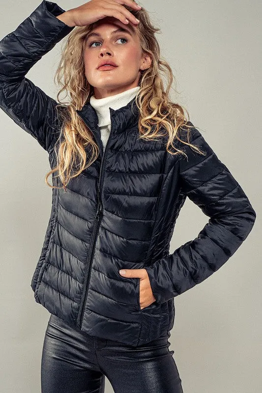 RELAXED FIT ZIP UP PUFF JACKET - BLACK OR EVERGREEN