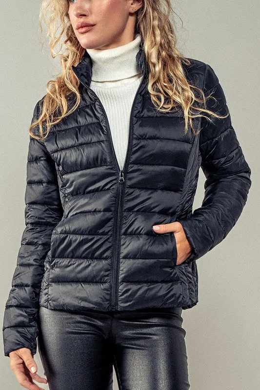 RELAXED FIT ZIP UP PUFF JACKET - BLACK OR EVERGREEN