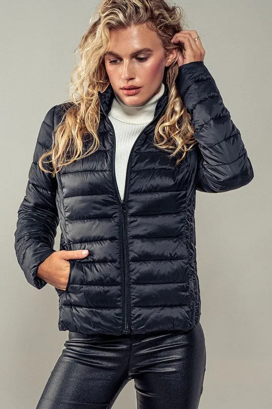 RELAXED FIT ZIP UP PUFF JACKET - BLACK OR EVERGREEN