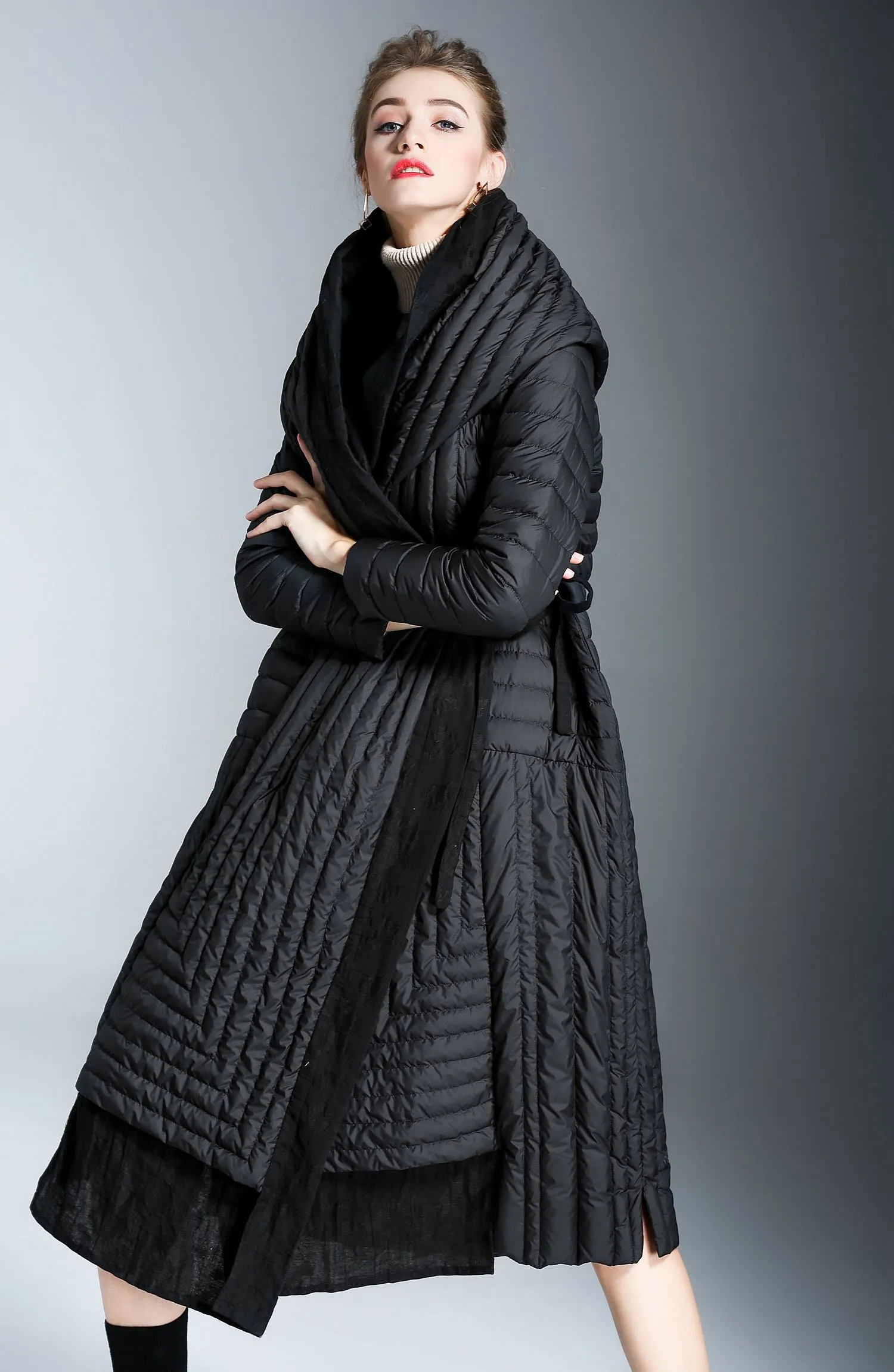 Striped Hooded Patchwork Jute Down Puffer Wrap Coat