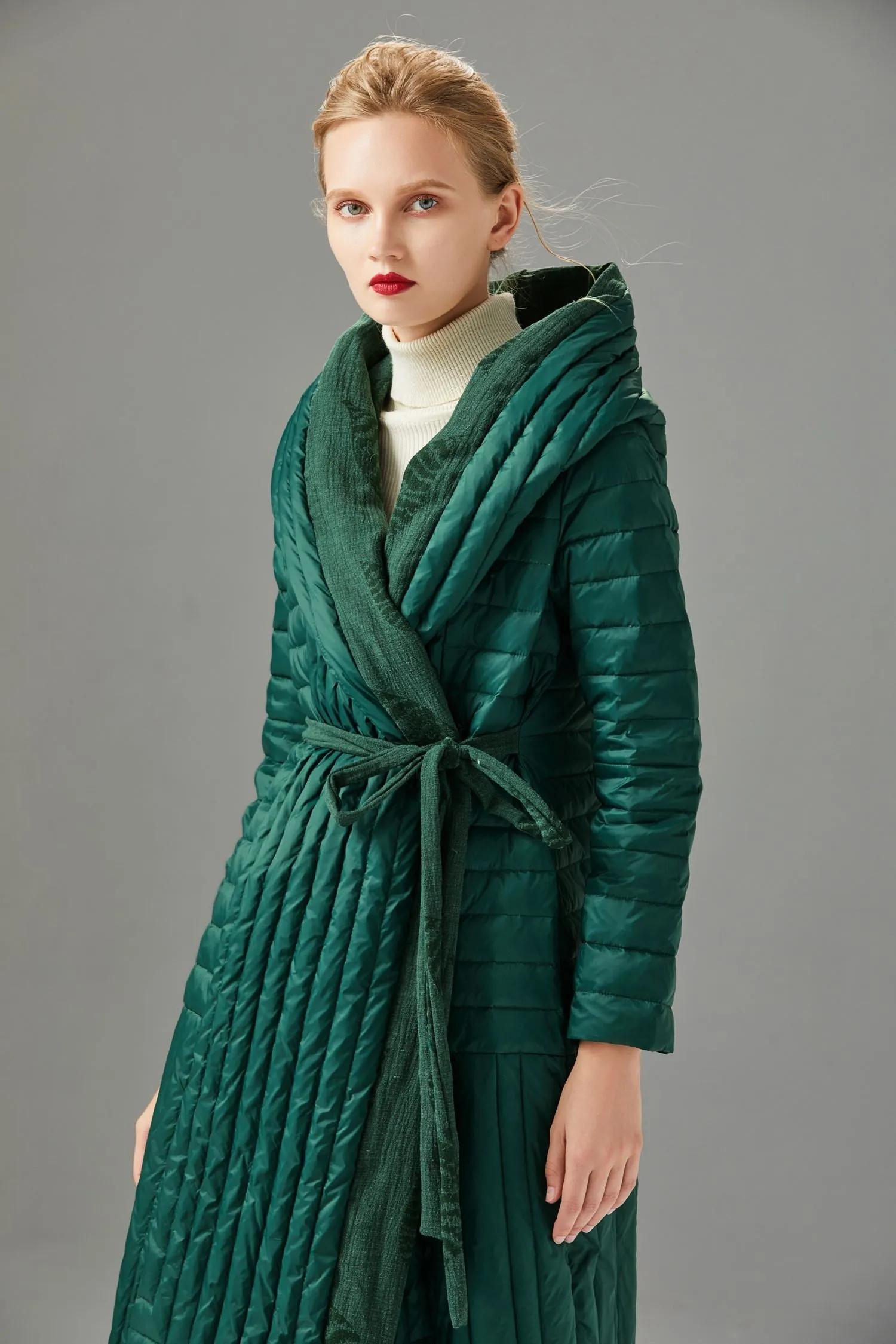 Striped Hooded Patchwork Jute Down Puffer Wrap Coat