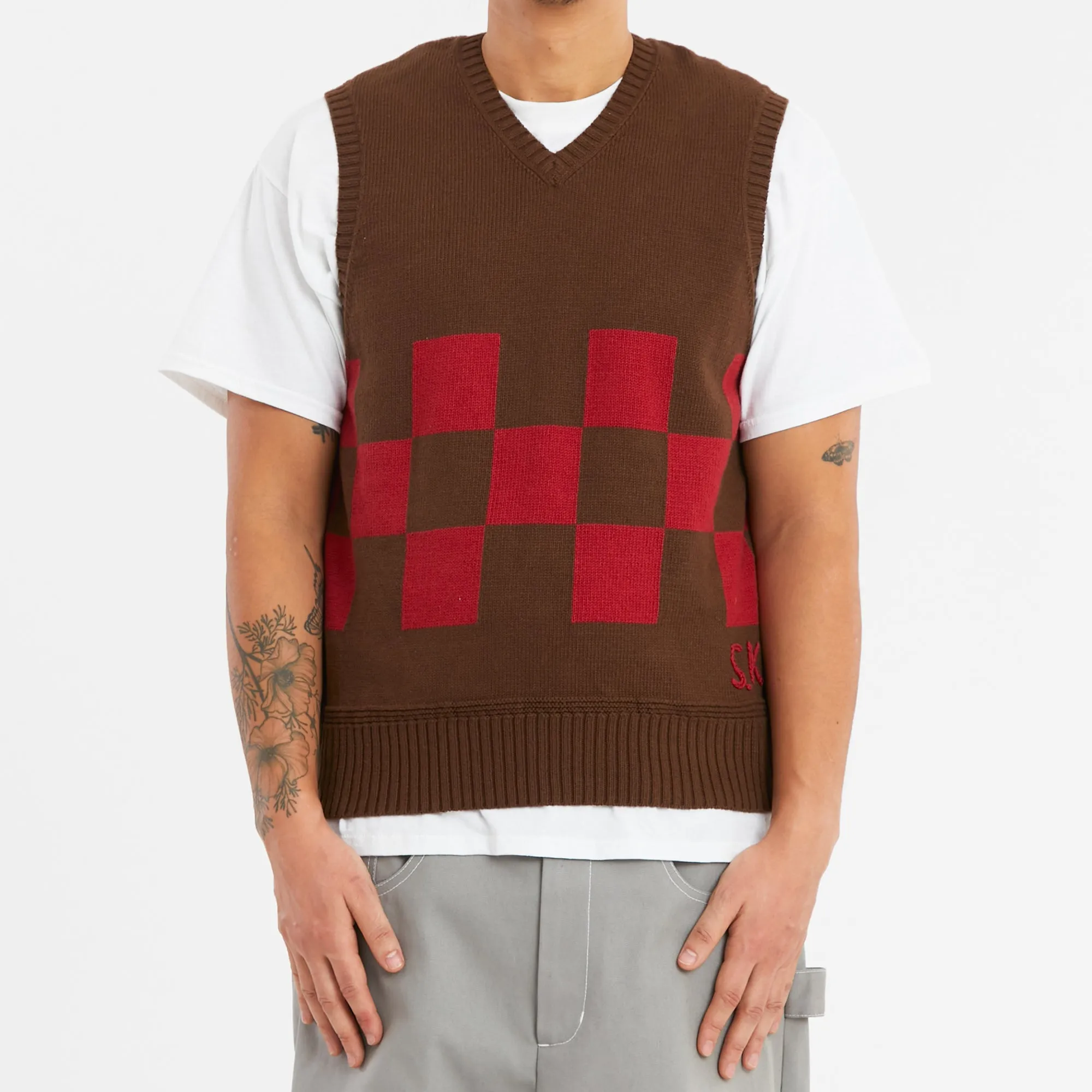 Sweater Vest - Brown & Red Checkered Cotton