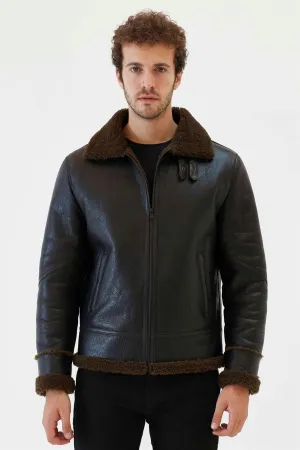 Tobacco Brown Aviator Shearling Jacket for Men