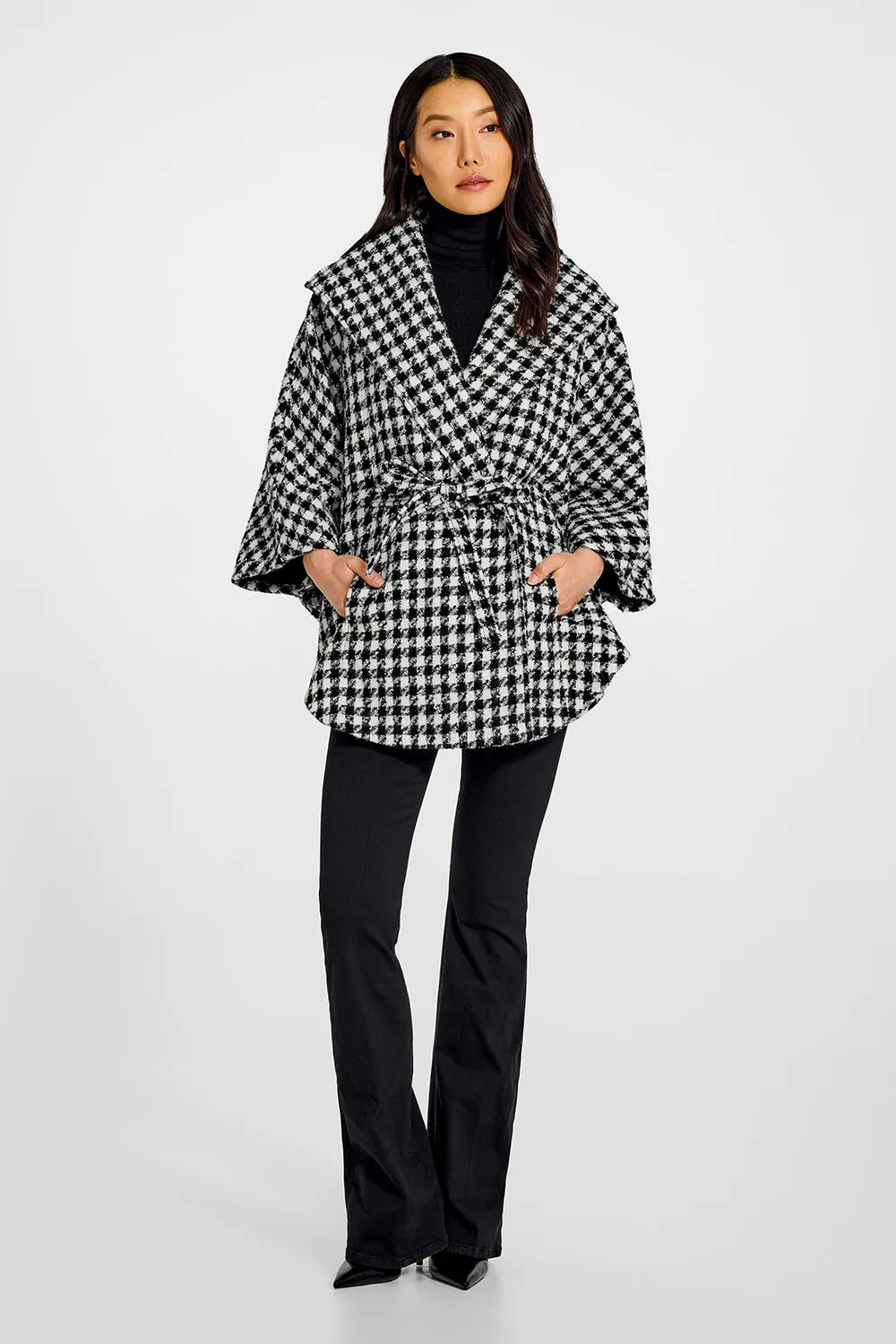 Tweed Houndstooth Suri Alpaca Cape with Shawl Collar and Belt