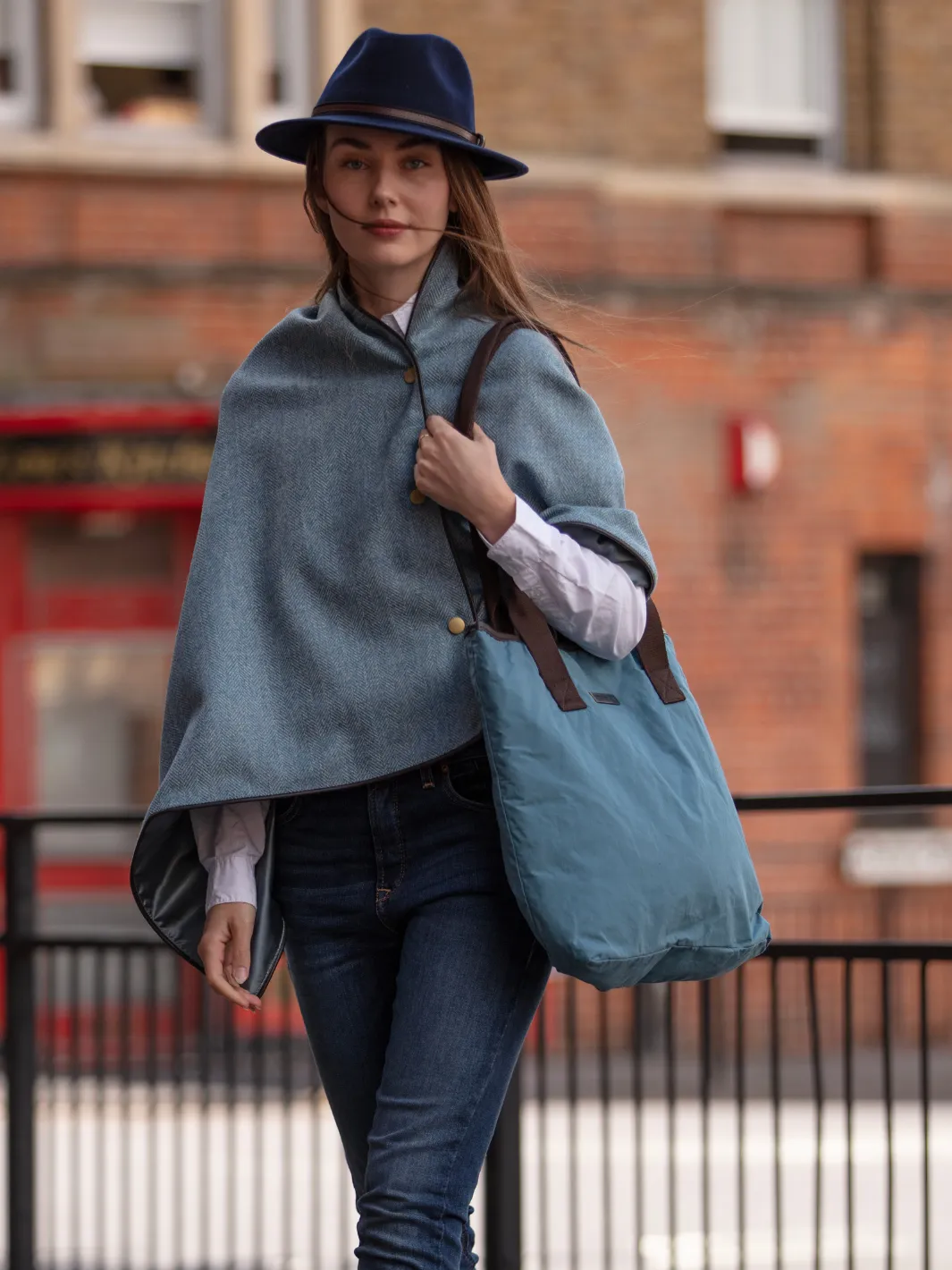 Tweed Shawl - Blue Herringbone