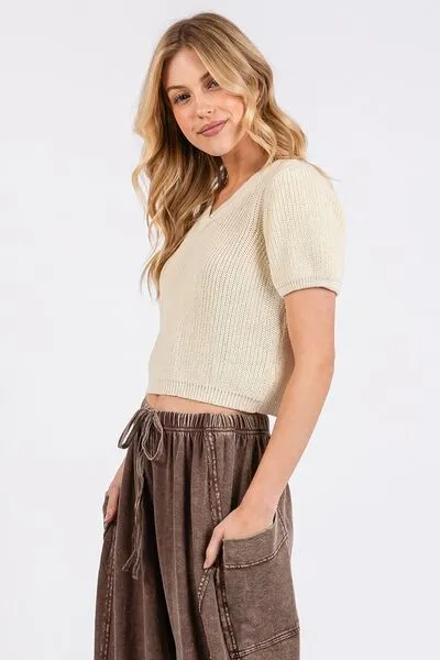 V-Neck Short Sleeve Crop Sweater