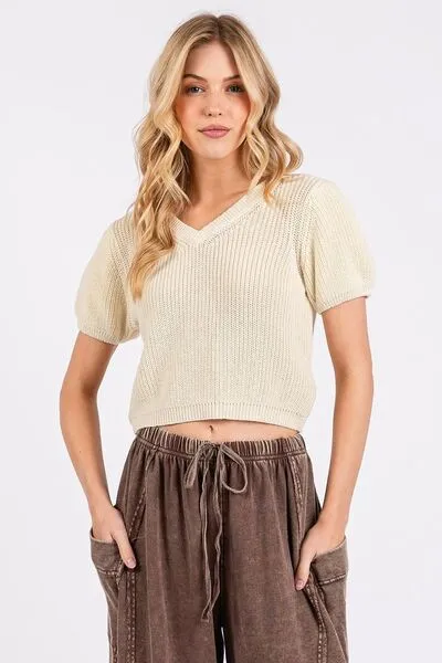 V-Neck Short Sleeve Crop Sweater