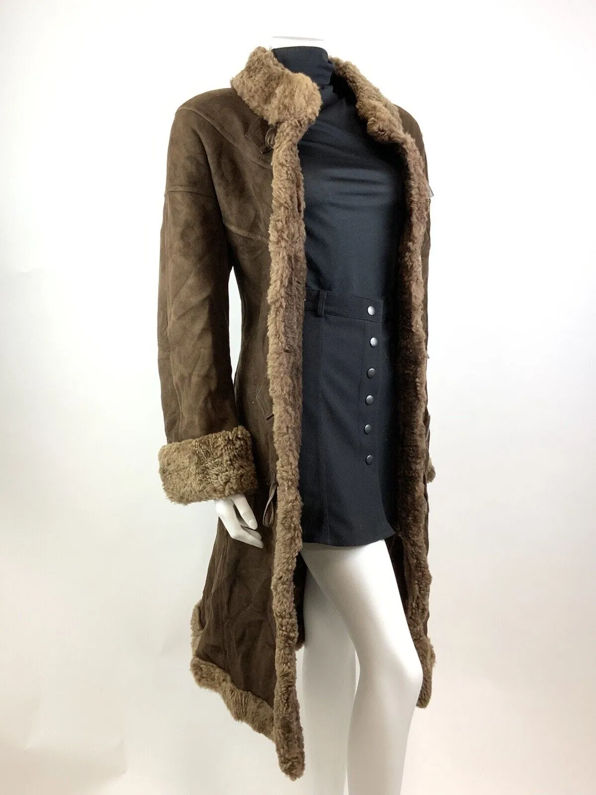 VINTAGE 60s 70s DARK BROWN SUEDE LEATHER TOGGLE FUR COLLAR ZHIVAGO BOHO COAT 14