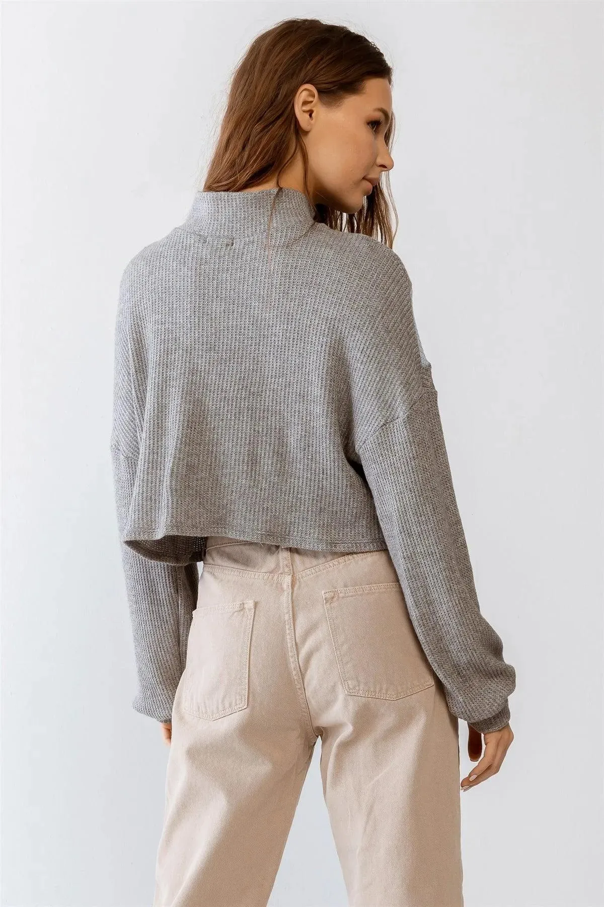 Waffle Knit Zip-Up Long Sleeve Crop Top /1-2-2-1