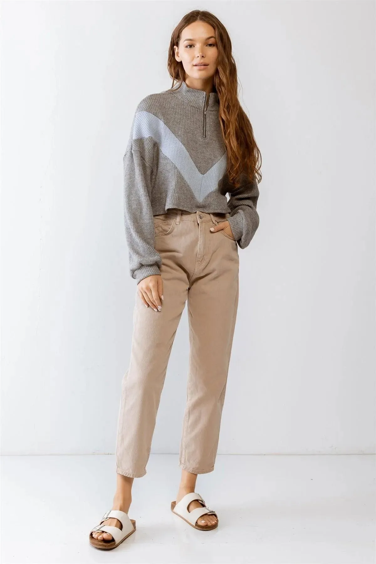 Waffle Knit Zip-Up Long Sleeve Crop Top /1-2-2-1