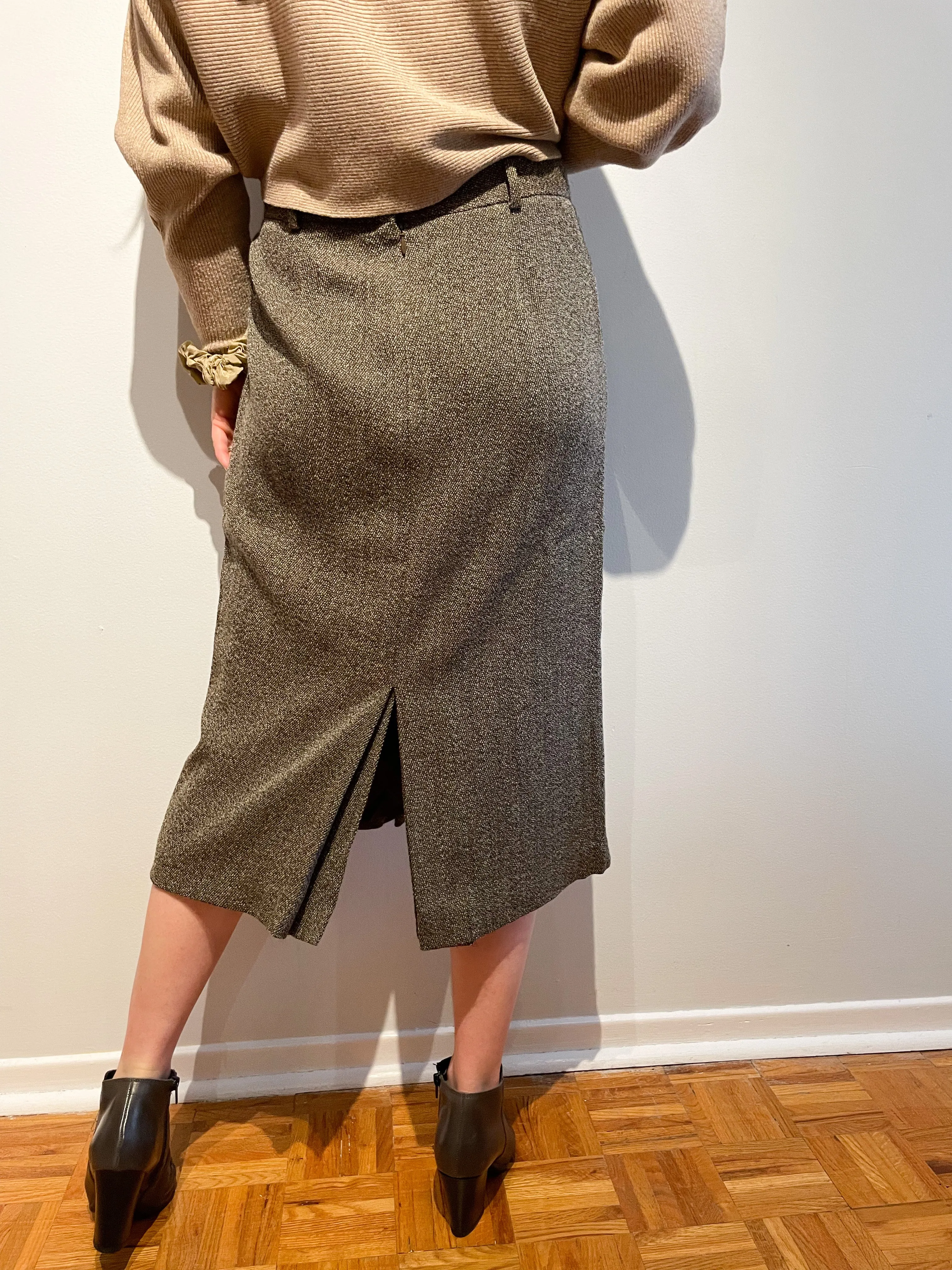 Weekend Max Mara Brown Calf Length Wool Pleated Sheath Midi Skirt - Size 10