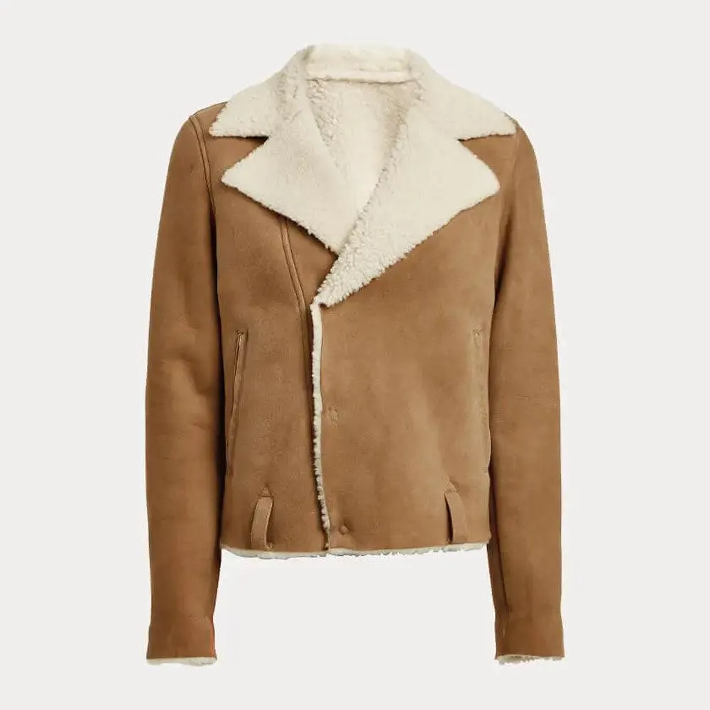 WOMEN’S BEIGE CROPPED SHEARLING LEATHER JACKET