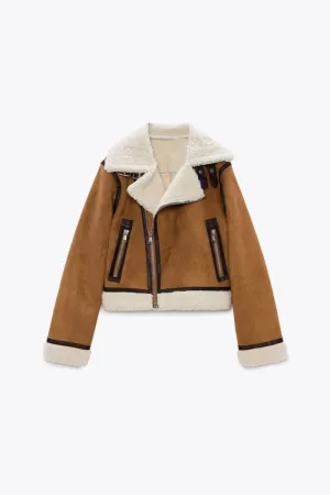 Women's Brown Cropped Sherpa Lined Suede Jacket