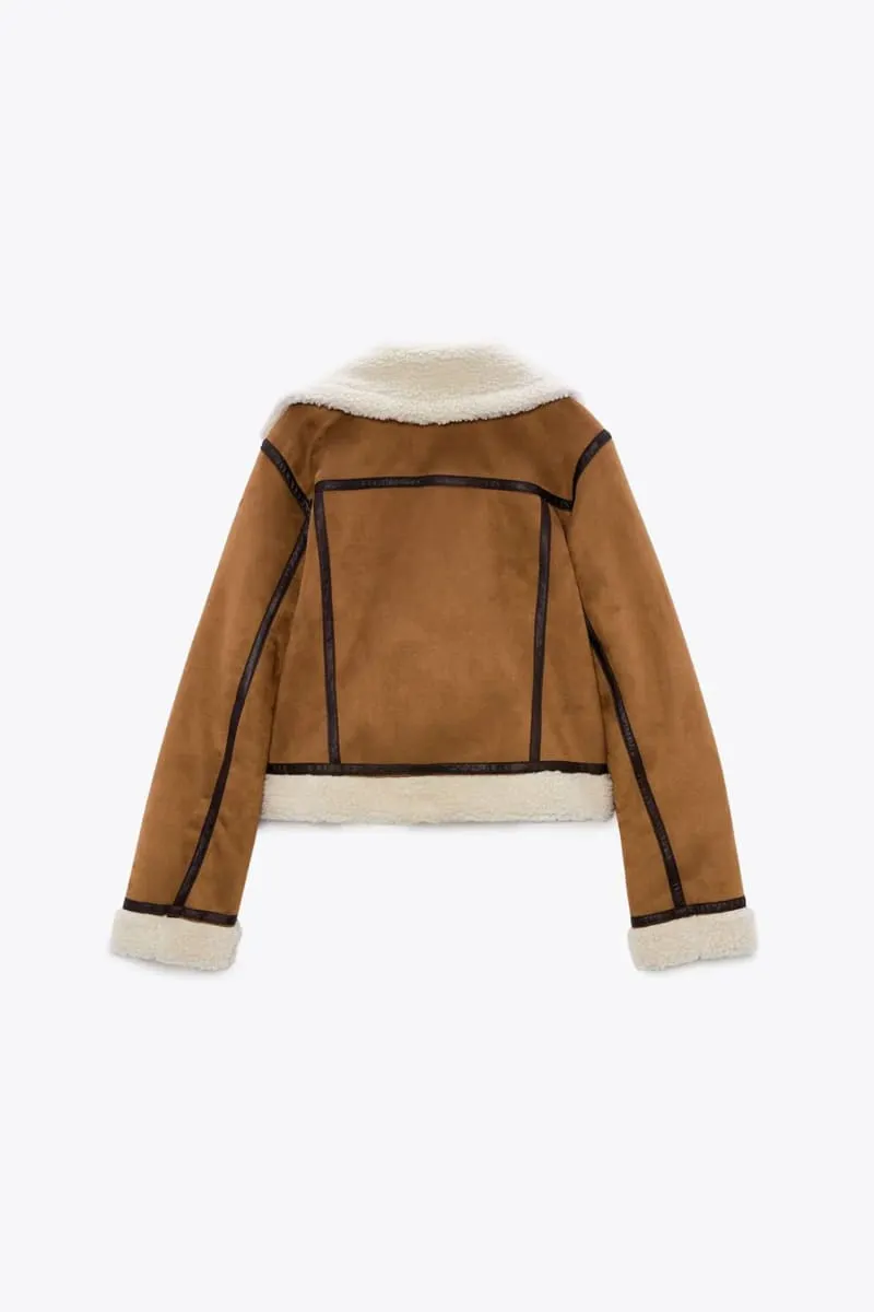 Women's Brown Cropped Sherpa Lined Suede Jacket