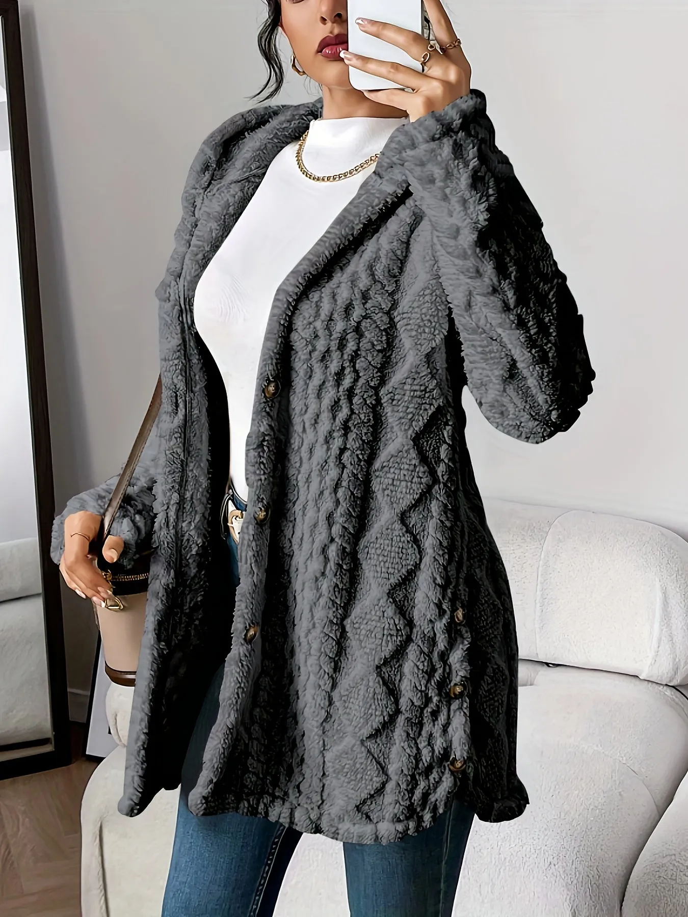 Women's button Front Hoodie Teddy Coat, Casual Long Sleeve Textured Fluffy Coat For Fall & Winter