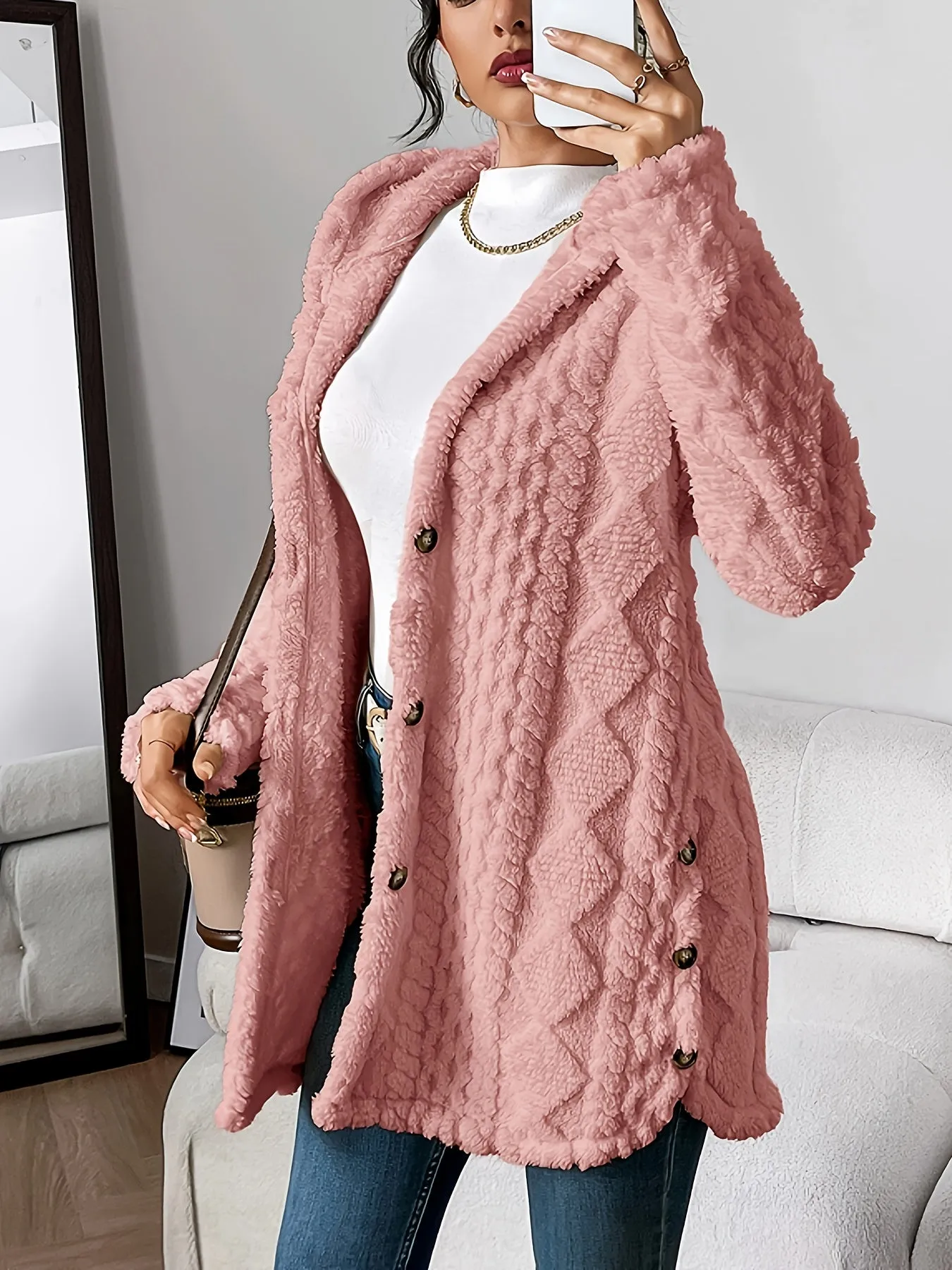 Women's button Front Hoodie Teddy Coat, Casual Long Sleeve Textured Fluffy Coat For Fall & Winter