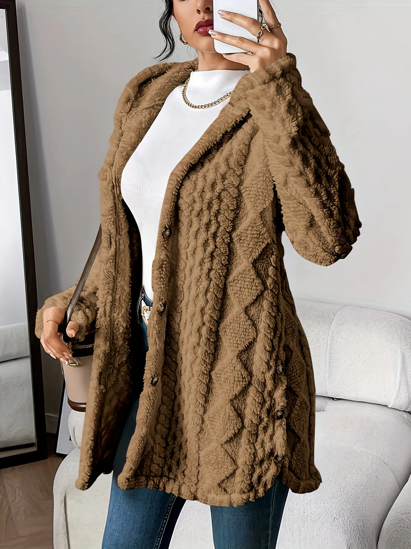 Women's button Front Hoodie Teddy Coat, Casual Long Sleeve Textured Fluffy Coat For Fall & Winter