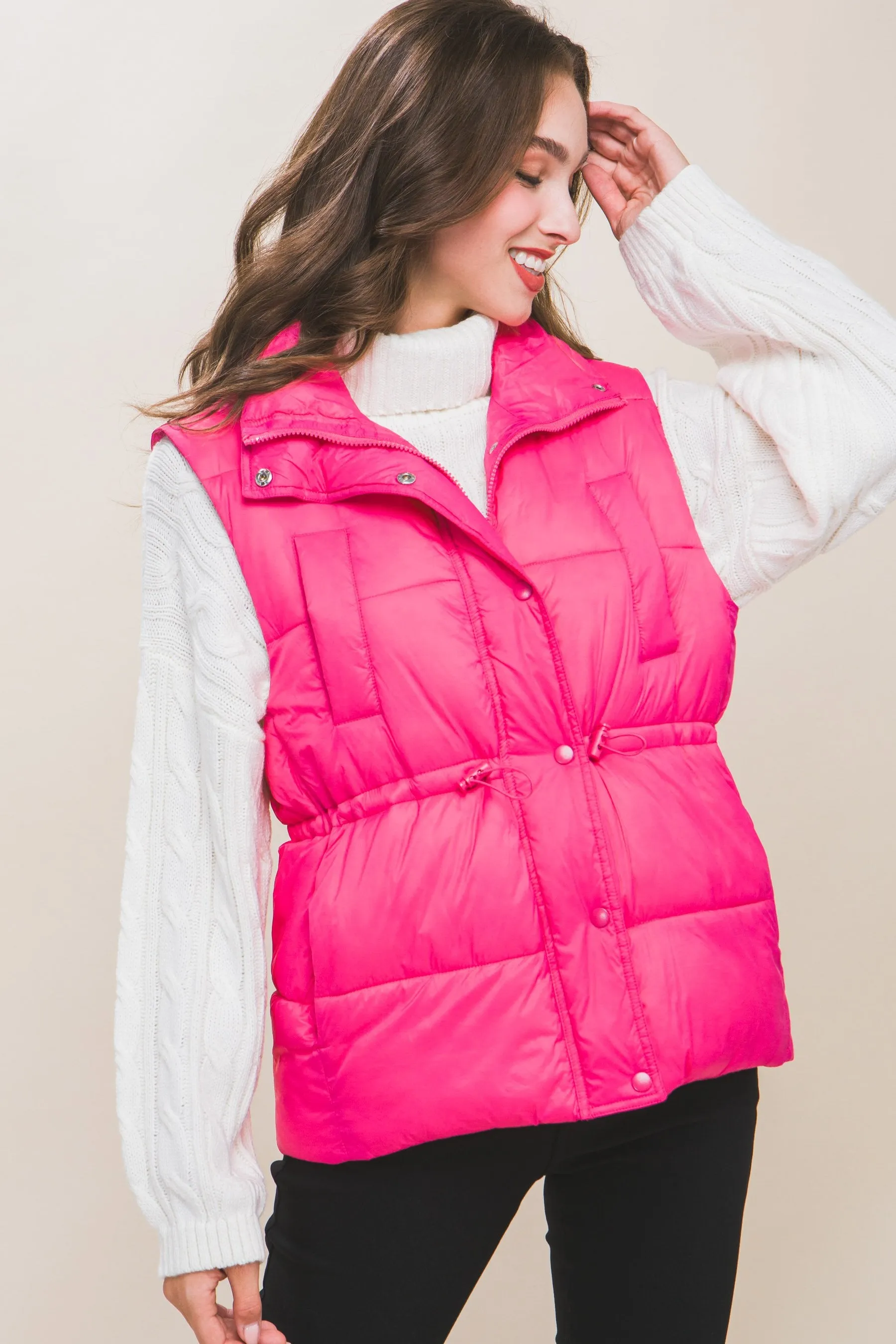 Women's Color Zip up button puffer vest with waist toggles