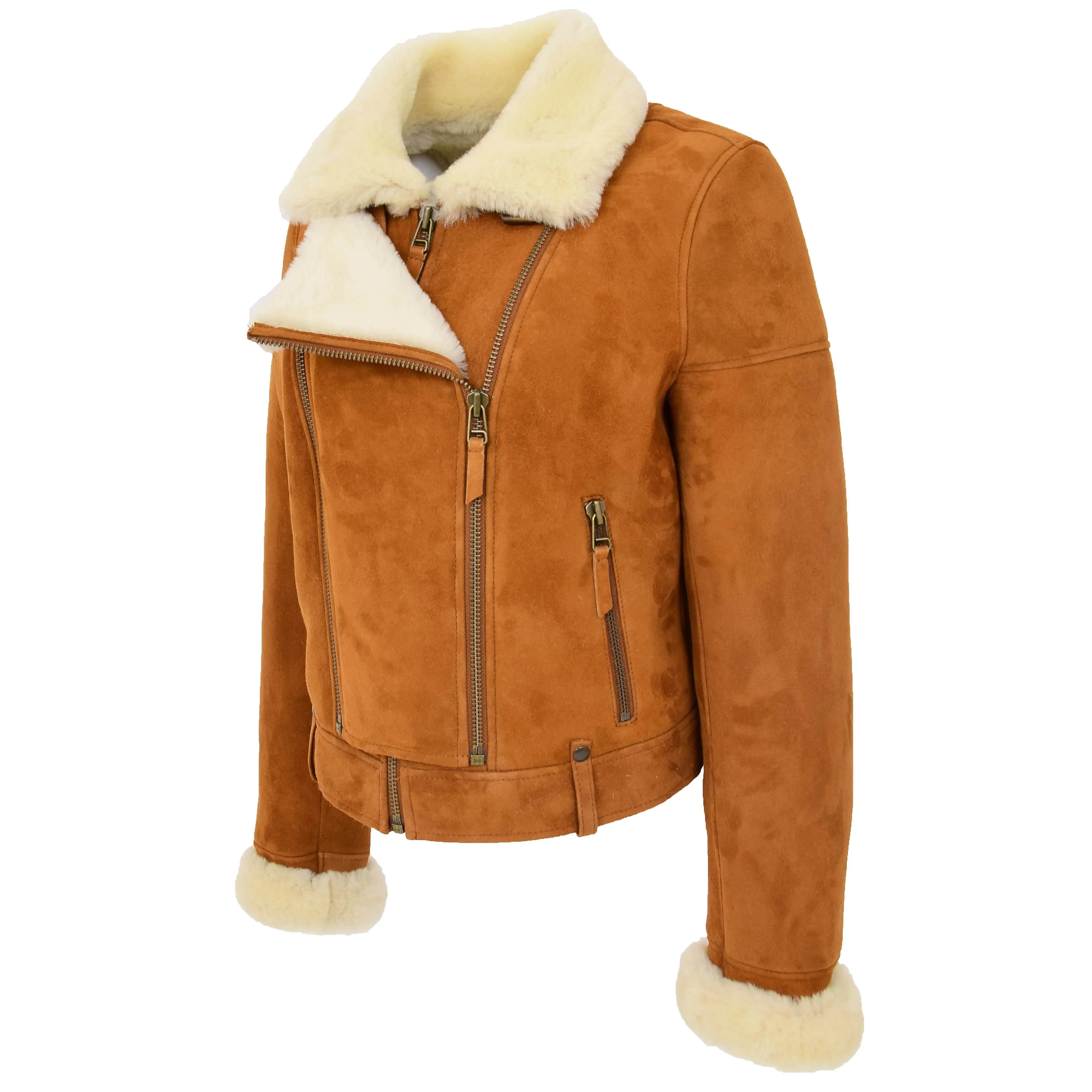 Womens Real Sheepskin Jacket Cognac Merino Shearling Coat Poppy