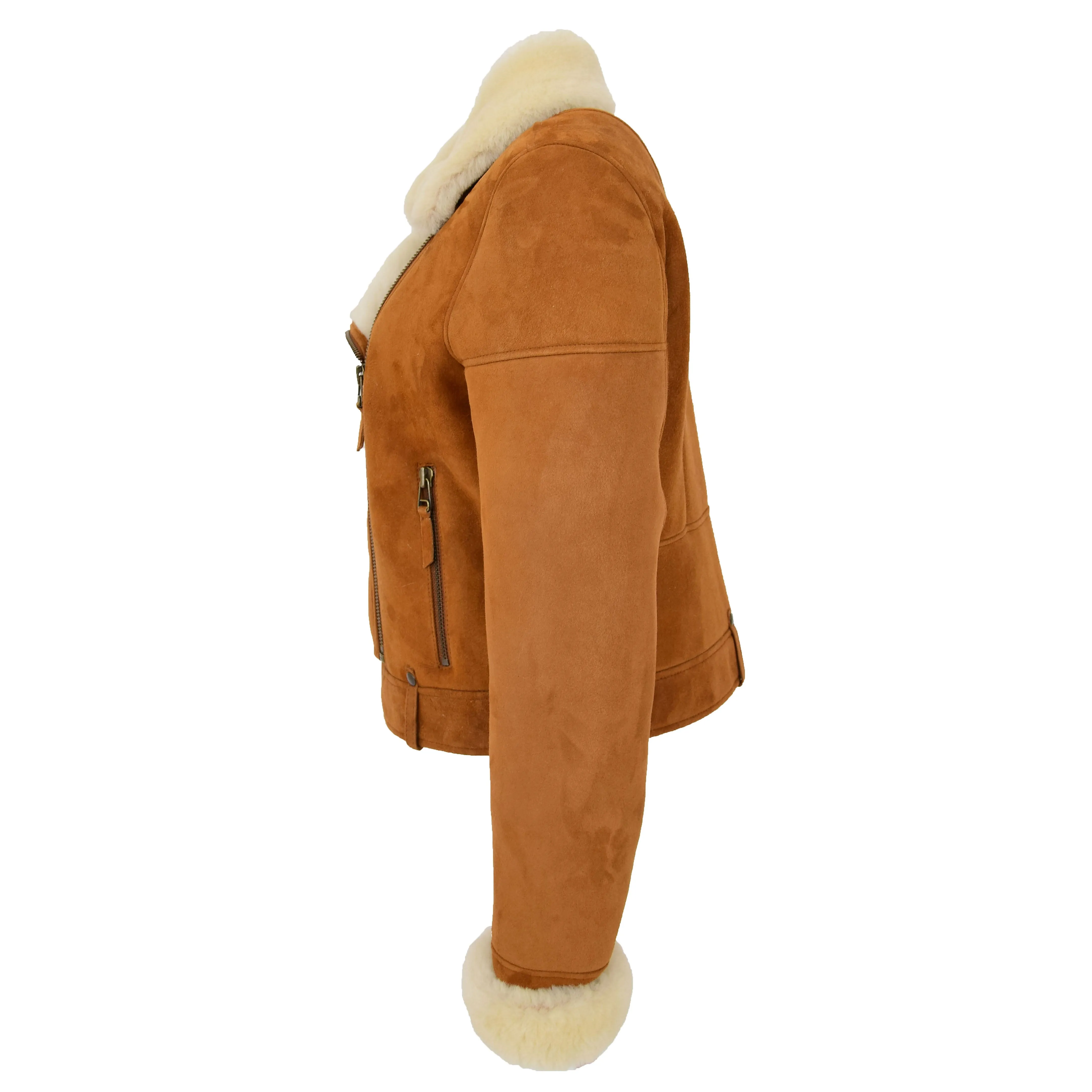 Womens Real Sheepskin Jacket Cognac Merino Shearling Coat Poppy