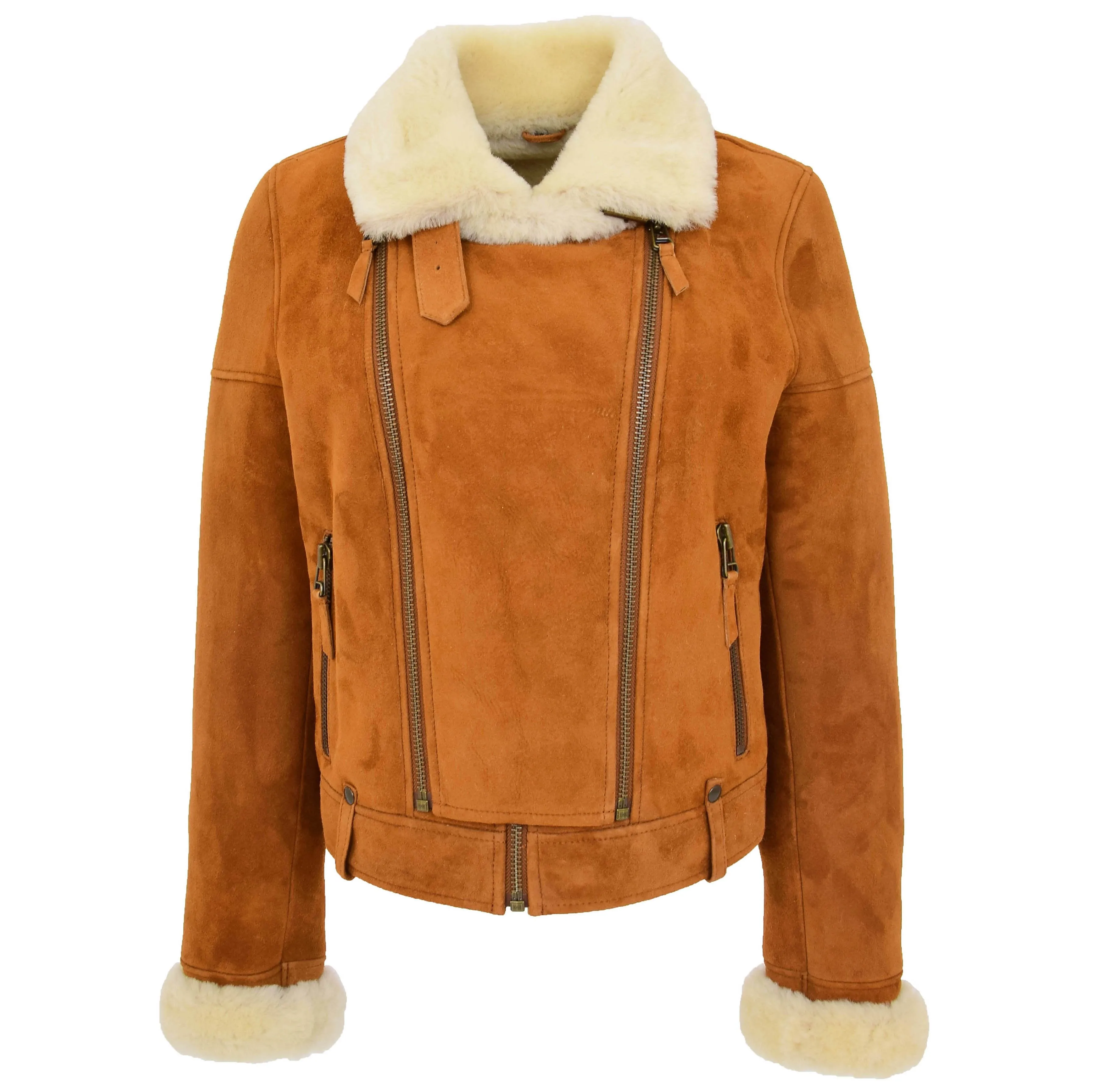 Womens Real Sheepskin Jacket Cognac Merino Shearling Coat Poppy