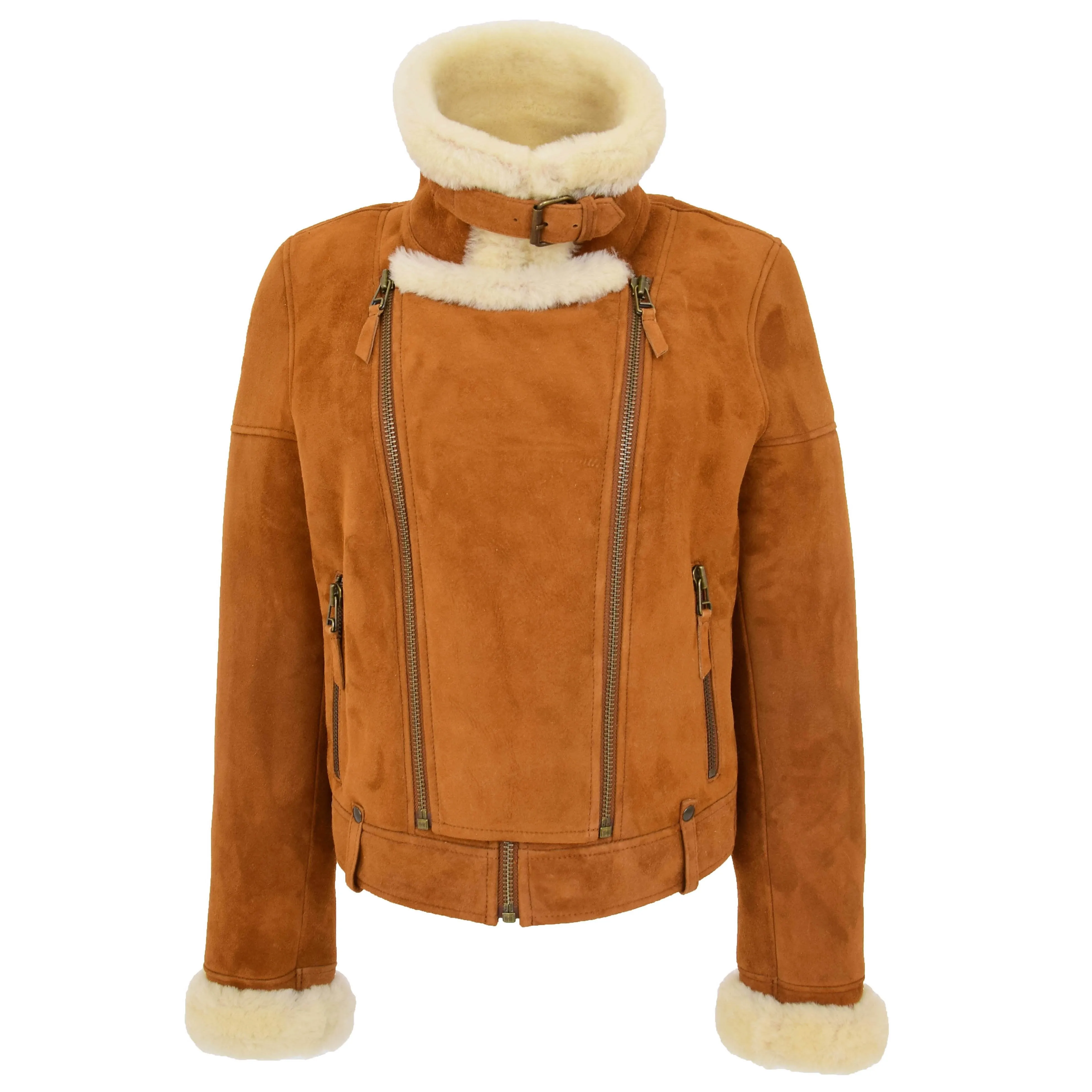 Womens Real Sheepskin Jacket Cognac Merino Shearling Coat Poppy