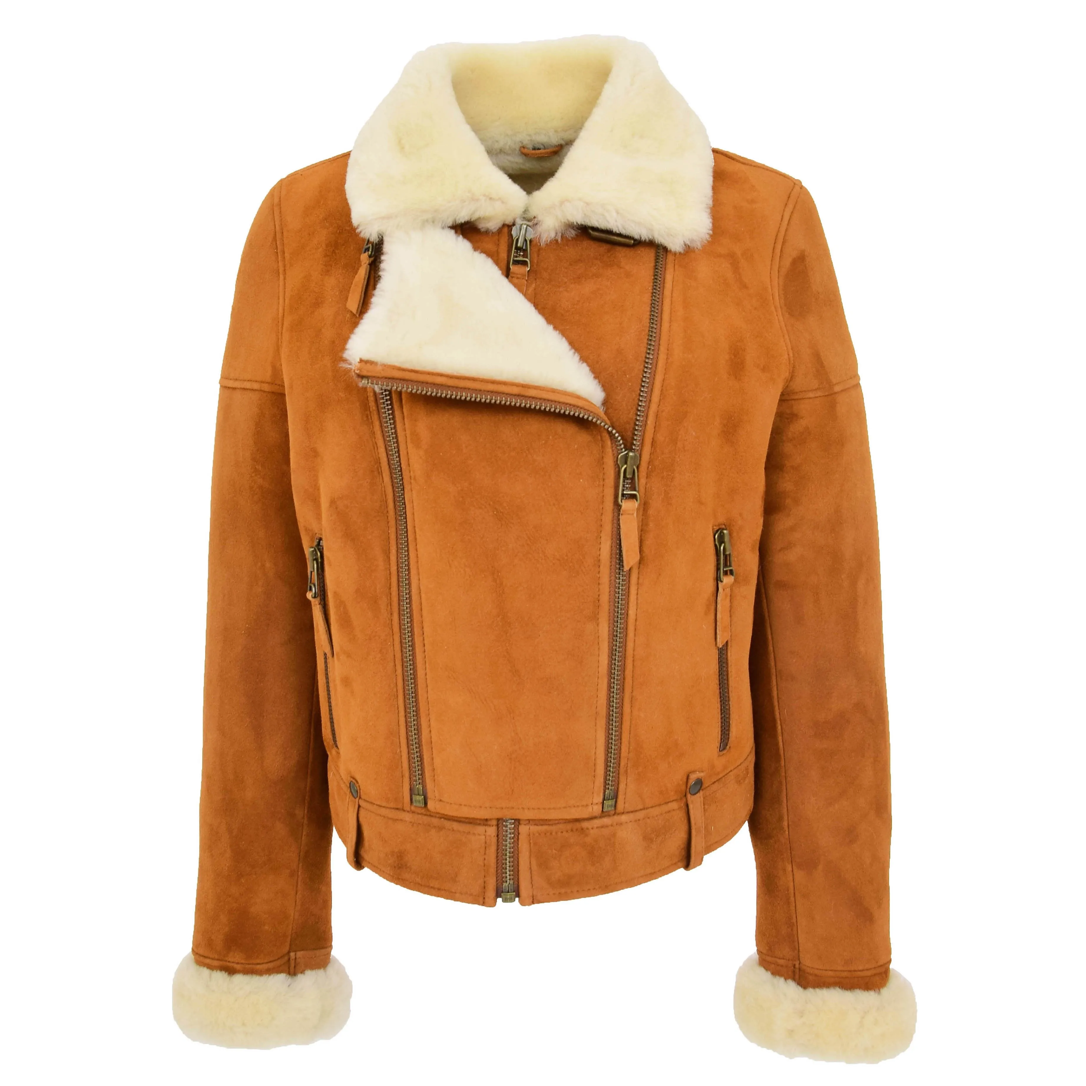 Womens Real Sheepskin Jacket Cognac Merino Shearling Coat Poppy