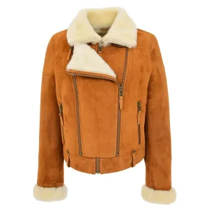 Womens Real Sheepskin Jacket Cognac Merino Shearling Coat Poppy