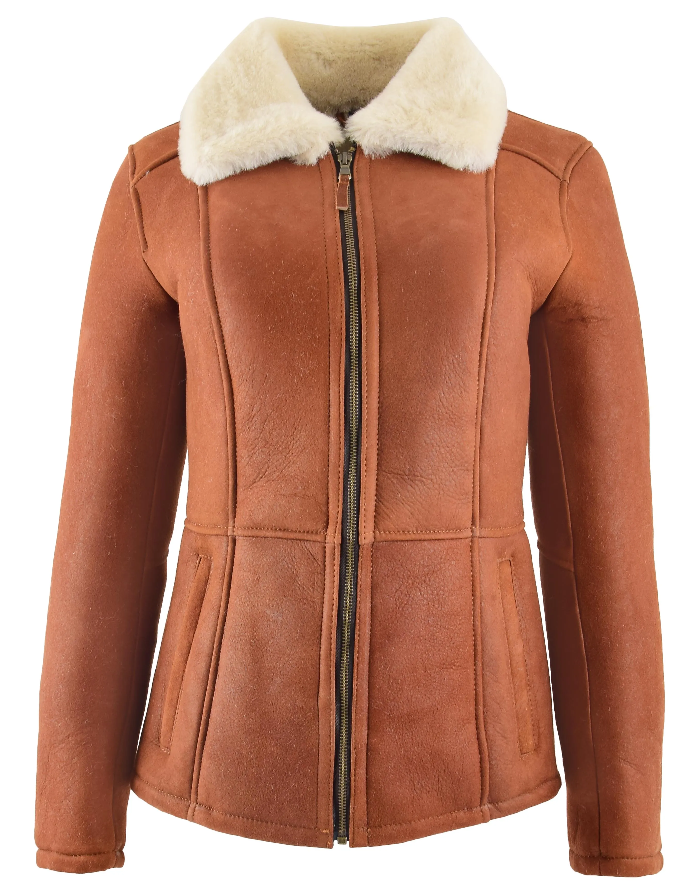 Womens Real Sheepskin Jacket Whiskey Merino Hip Length Shearling Coat Leona