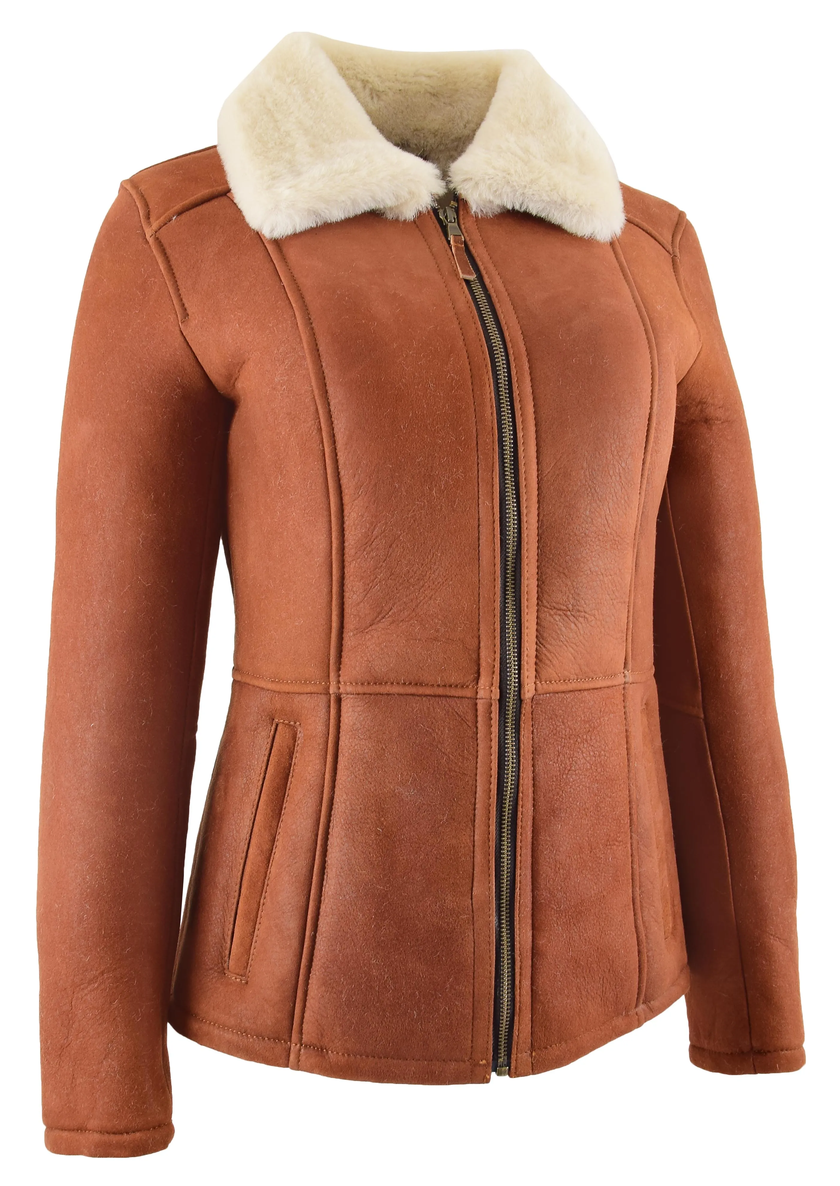 Womens Real Sheepskin Jacket Whiskey Merino Hip Length Shearling Coat Leona