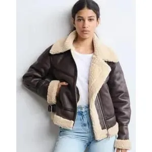 Women's Vintage Brown RAF B3 Aviator Flight Bomber Shearling Leather Jacket